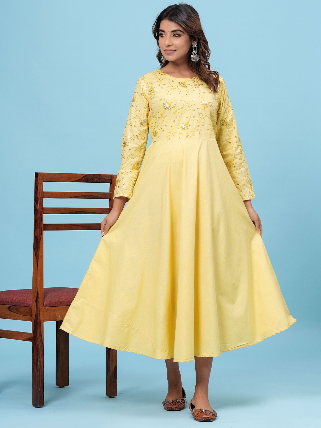 

DIZON Embroidered Pure Cotton A-Line Ethnic Dresses, Yellow