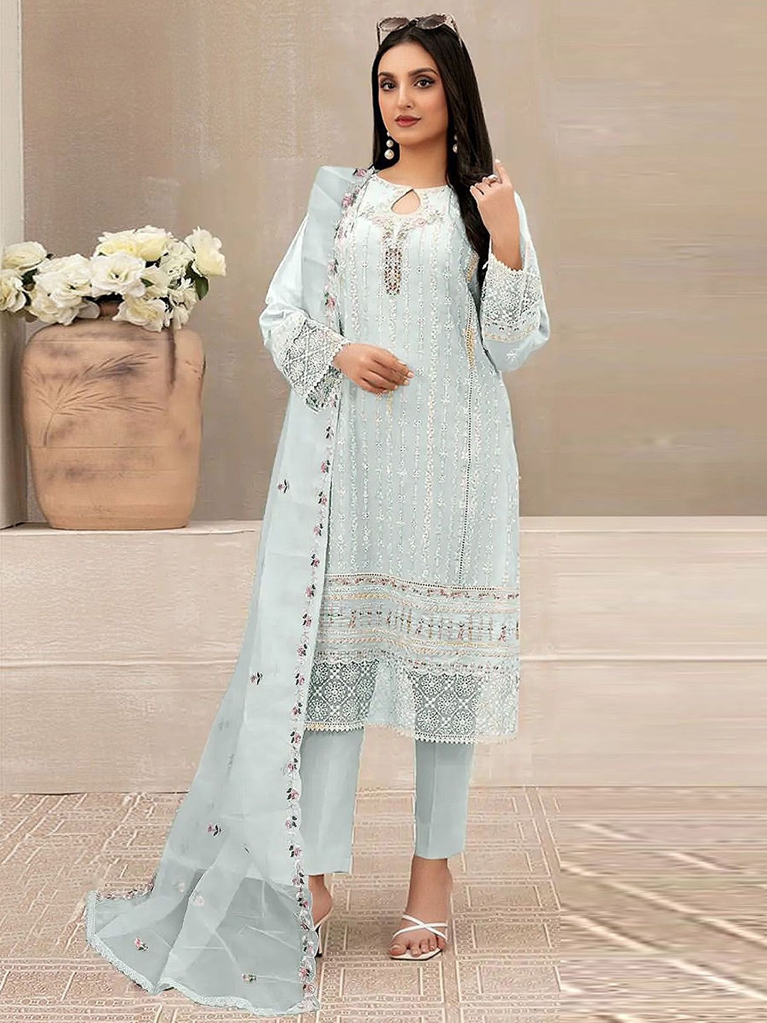 

ODETTE Floral Embroidered Regular Kurta with Trousers & Dupatta, Blue