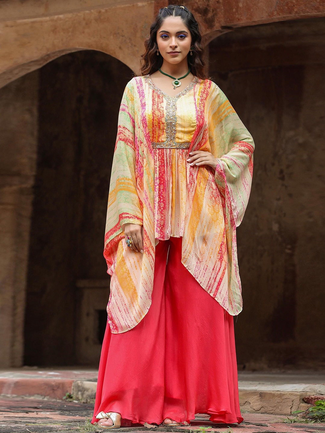 

SCAKHI Floral Printed Kaftan Tunic & Palazzo, Orange
