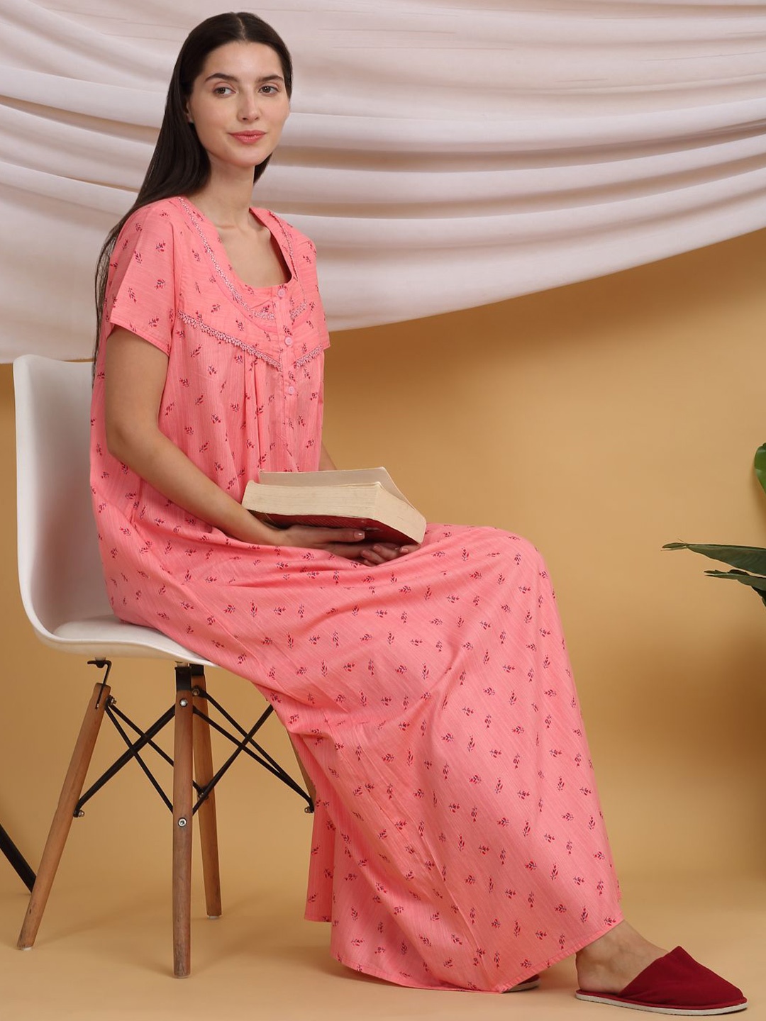 

Sweet Dreams Printed Pure Cotton Maxi Nightdress, Peach