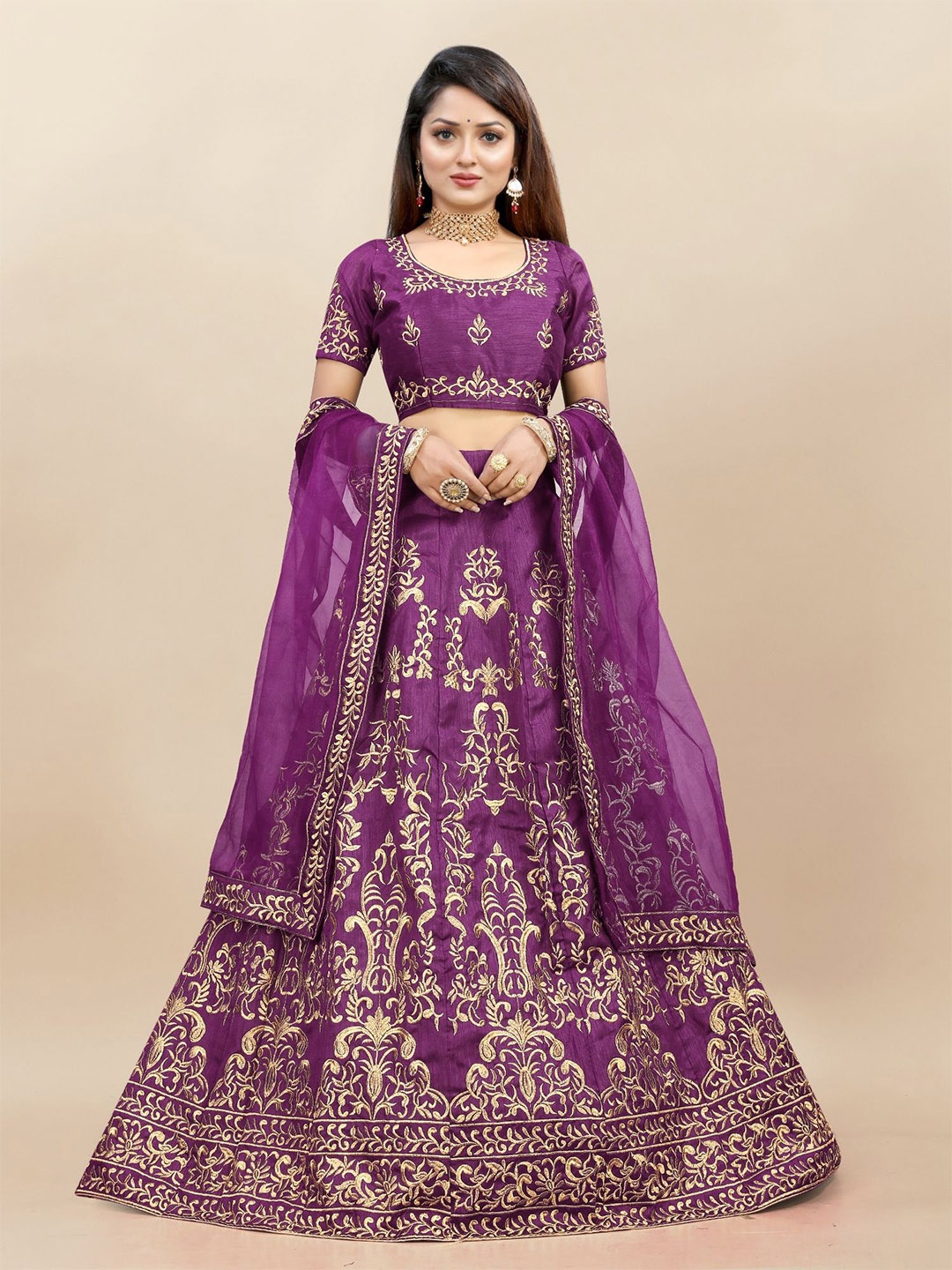 

LADY SHOPI Embroidered Thread Work Semi-Stitched Lehenga & Unstitched Blouse With Dupatta, Purple