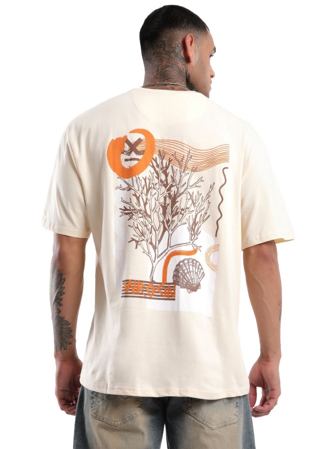 

WROGN Men Graphic Printed Round Neck Pure Cotton Oversized T-shirt, Beige