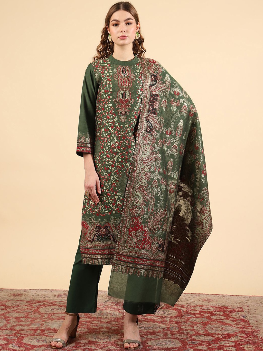 

KIDAR Floral Woven Design Jacquard Straight Kurta With Trousers & Dupatta, Green