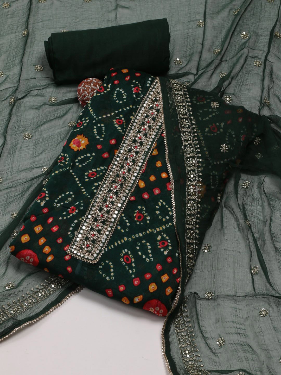 

Meena Bazaar Bandhani Printed Mirror Work Unstitched Dress Material, Green