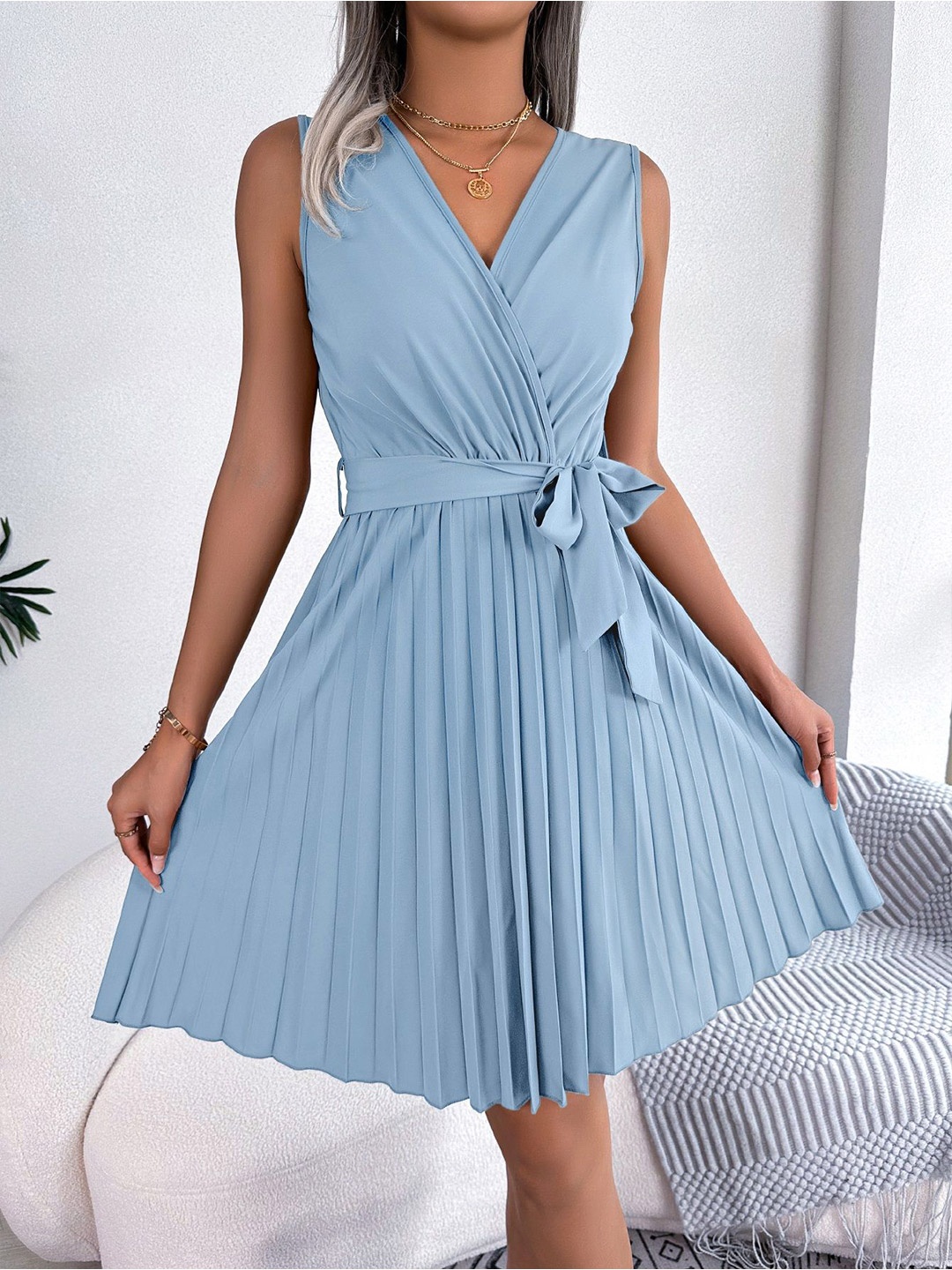 

HERE&NOW Women Solid Wrap V-Neck Dress, Blue