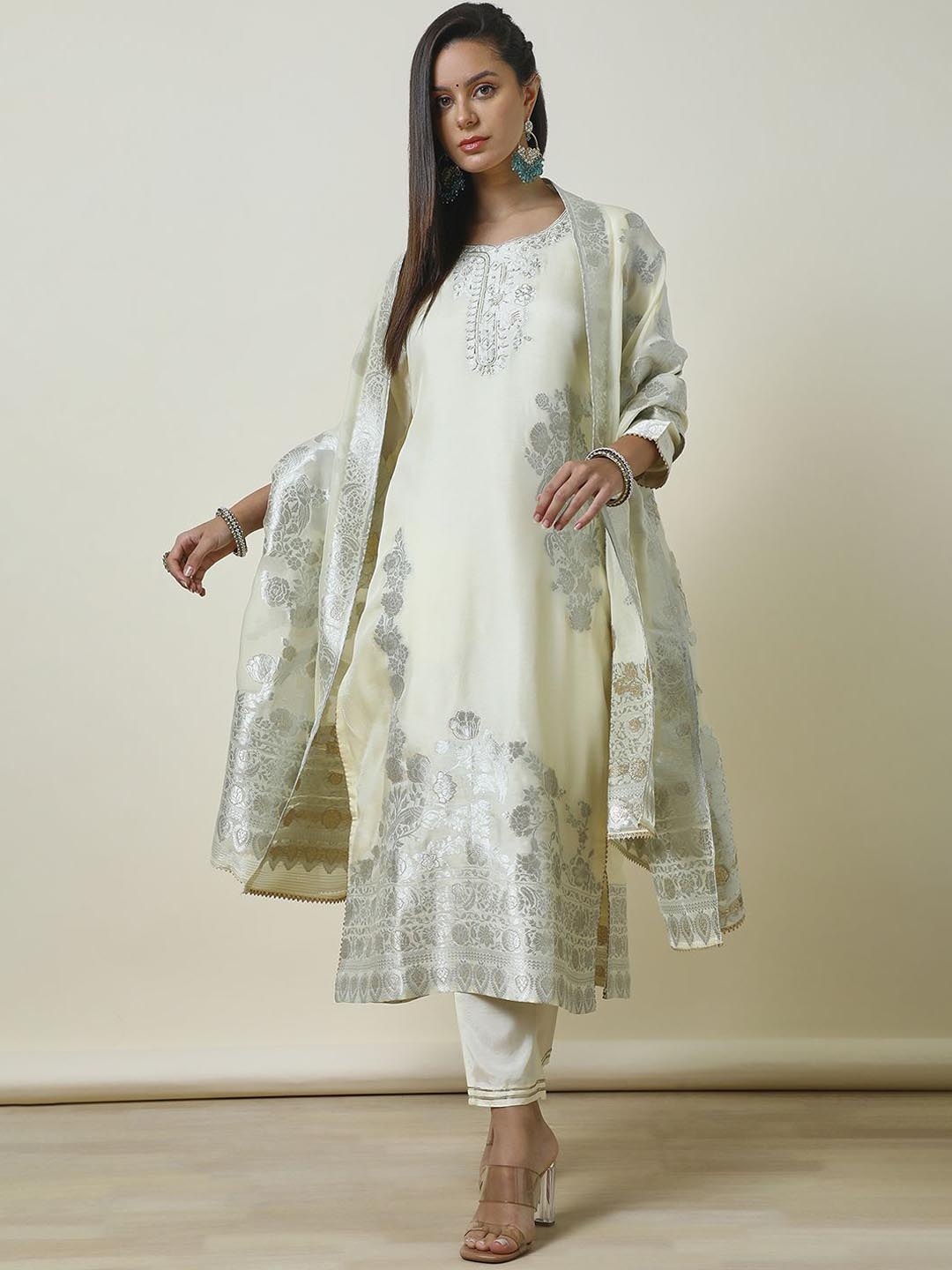 

Soch Floral Embroidered Beads and Stones Straight Kurta with Trousers & Dupatta, Cream