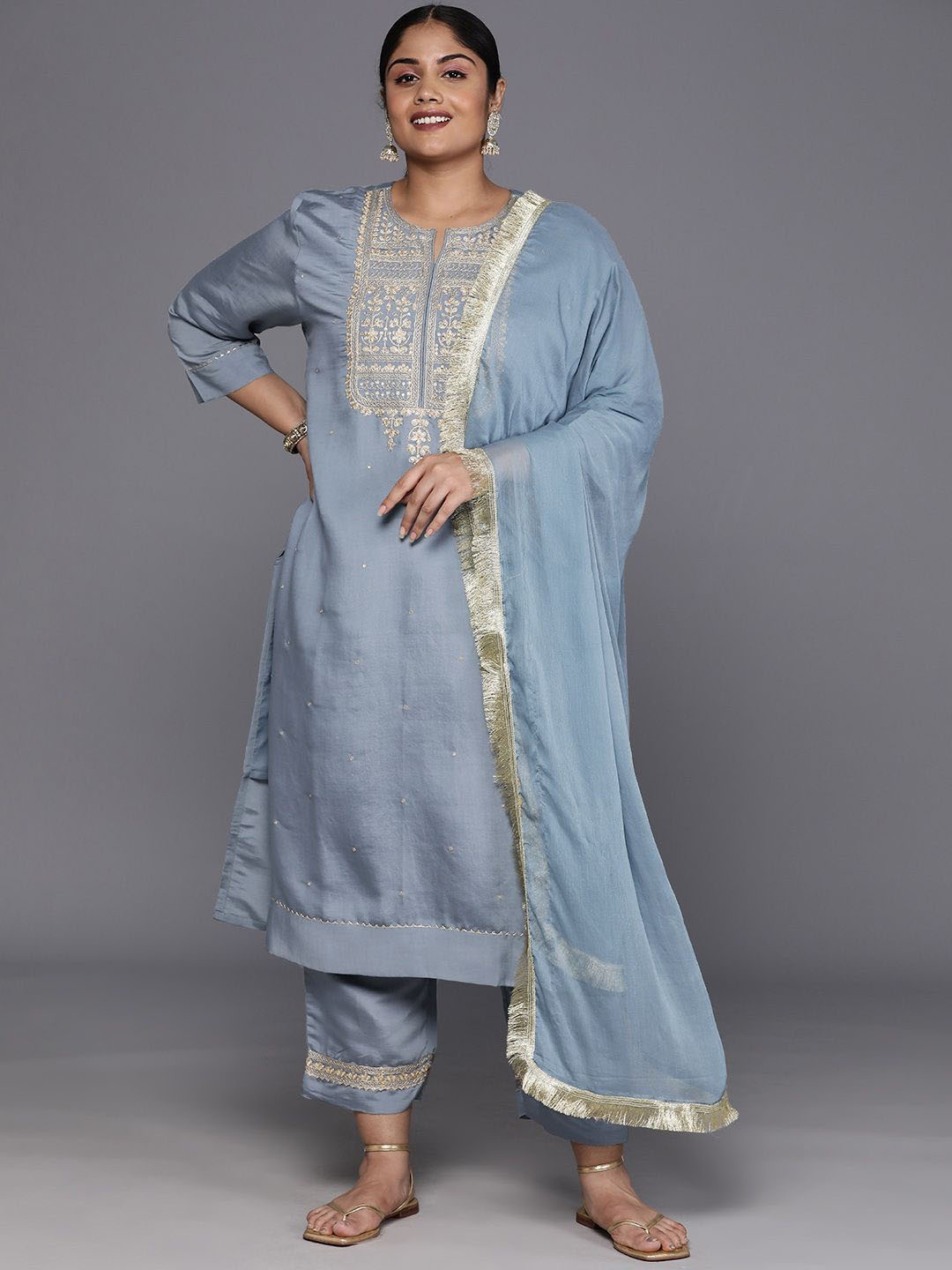 

Sztori Plus Size Ethnic Motifs Embroidered Straight Kurta & Trousers With Dupatta, Grey