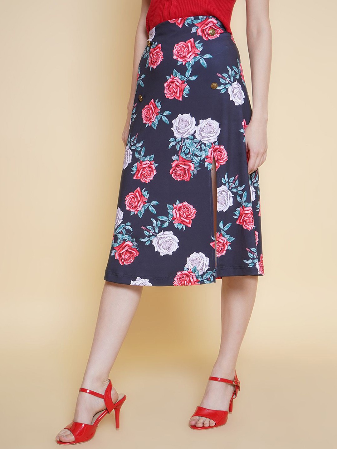 

BAESD Women Floral Printed A-Line Midi Skirts, Navy blue