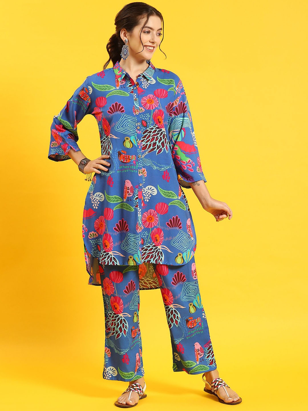 

Shree Floral Printed Shirt Collar High Low Tunic & Trouser, Blue