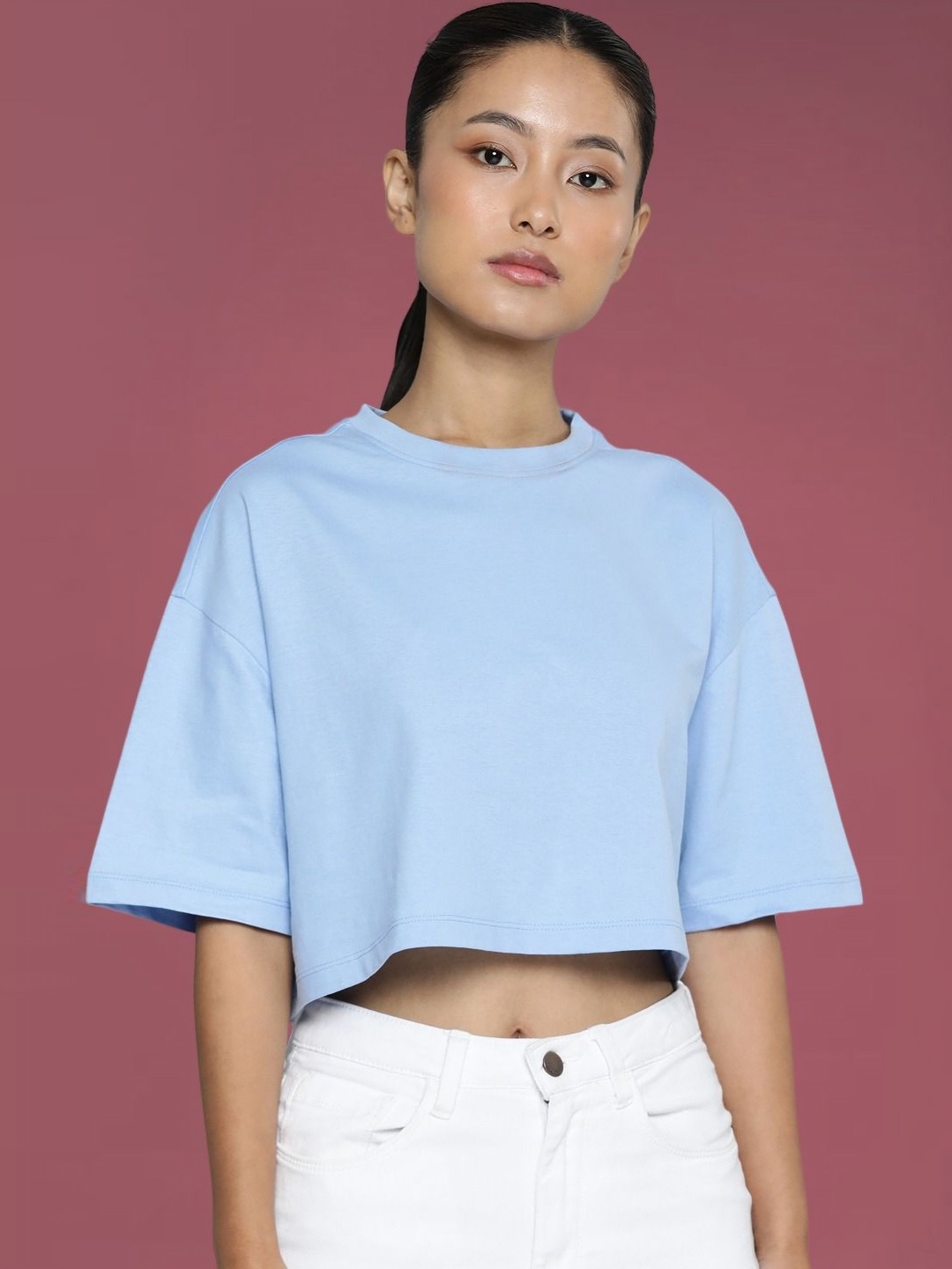 

DressBerry Women Solid Round Neck Cotton Boxy T-shirt, Blue