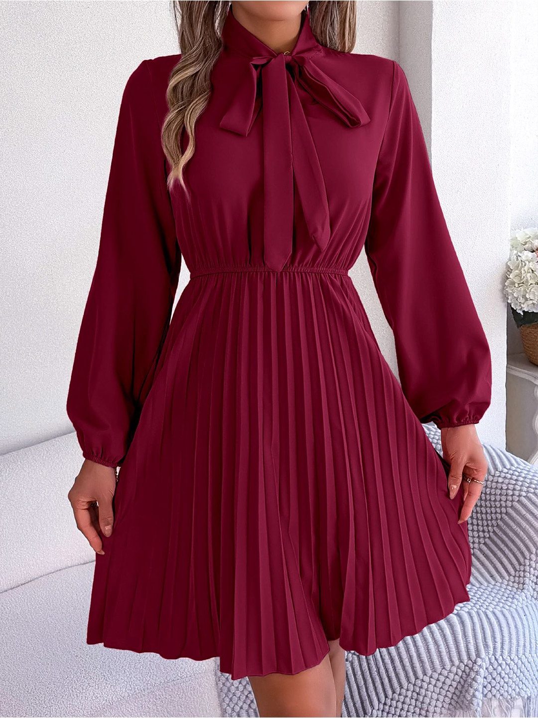 

HERE&NOW Women's Fit & Flare Pleated Mini Dress, Red