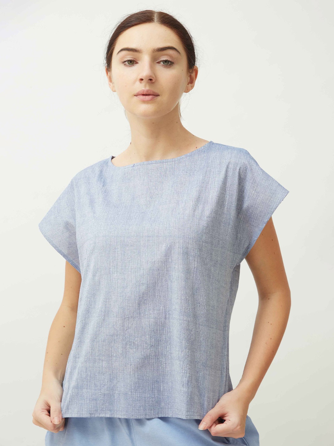 

Saltpetre Women Solid Boat Neck Cotton Top, Blue