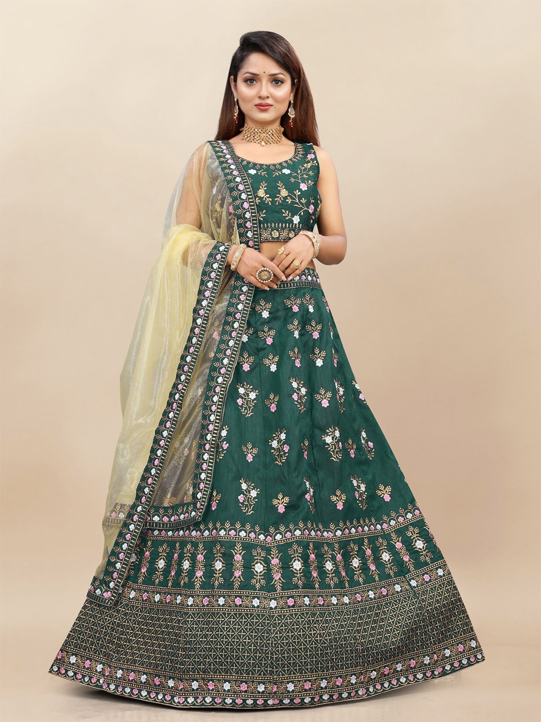 

LADY SHOPI Embroidered Semi-Stitched Lehenga & Unstitched Blouse With Dupatta, Green