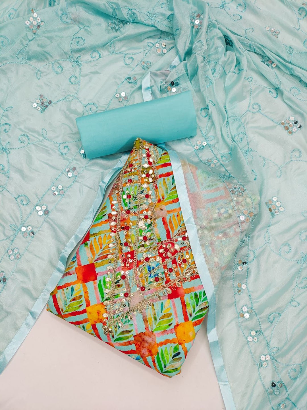 

Aika Floral Printed Sequinned Unstitched Dress Material, Turquoise blue