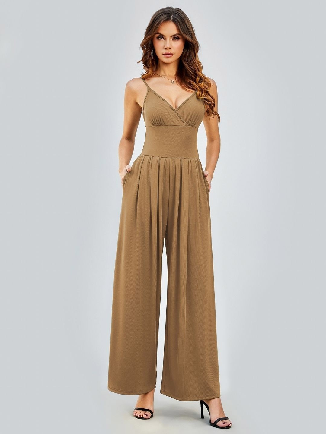 

KPOP Women Shoulder Straps Basic Jumpsuit, Brown