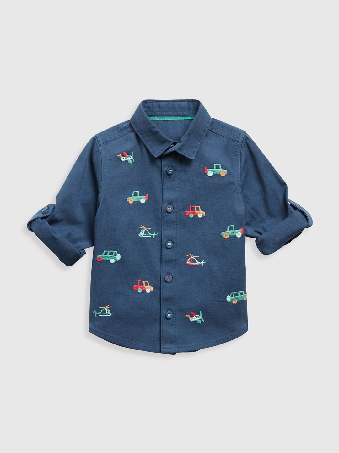 

mothercare Boys Spread Collar Conversational Printed Cotton Casual Shirt, Navy blue