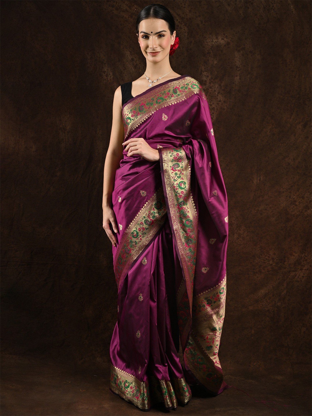 

Exotic India Dark Purple Paithani Saree with Floral Bootis & Peacock on Aanchal