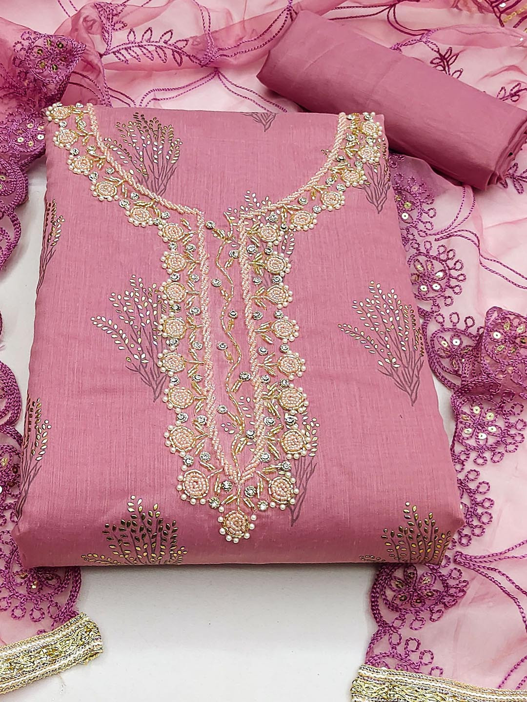 

Ishin Floral Embroidered Beads & Stones Unstitched Dress Material, Purple