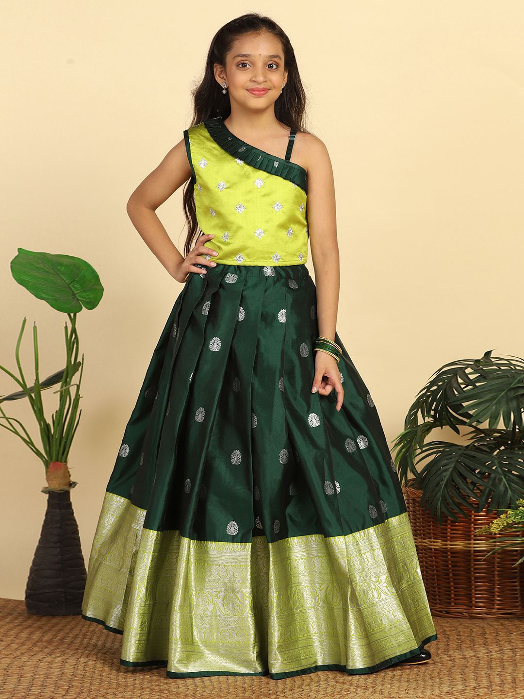 

BAESD Girls Embroidered Ready to Wear Pattu Pavadai Lehenga And Choli, Green
