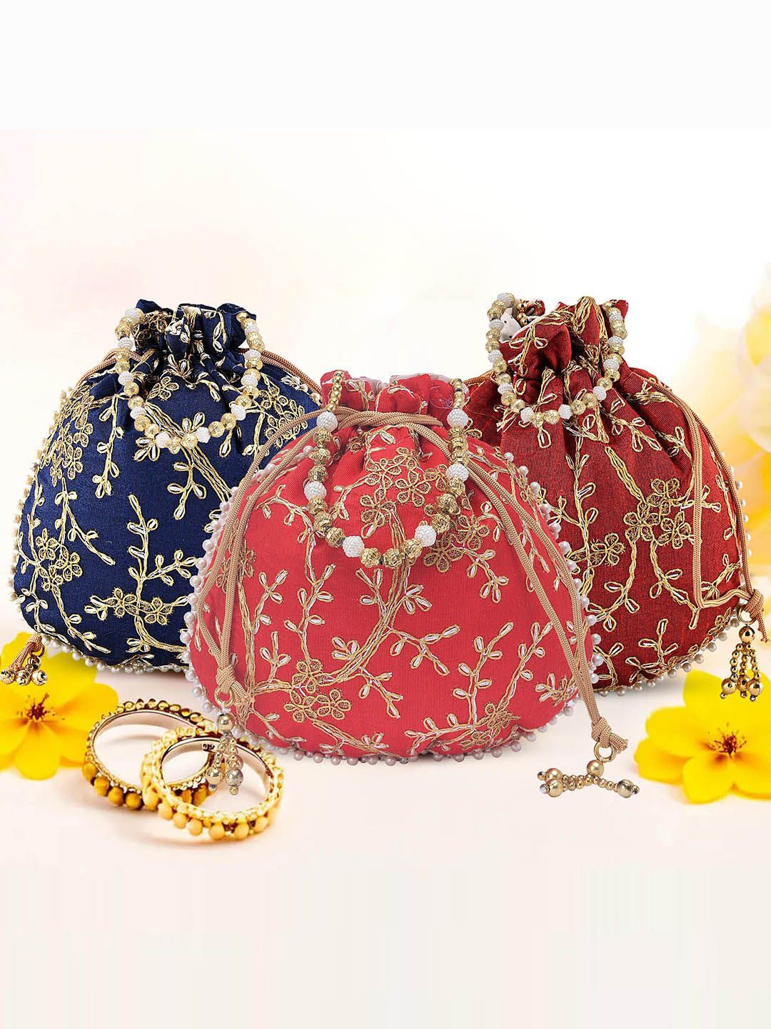 

Kuber Industries Set Of 3 Embroidered Potli Clutch, Blue