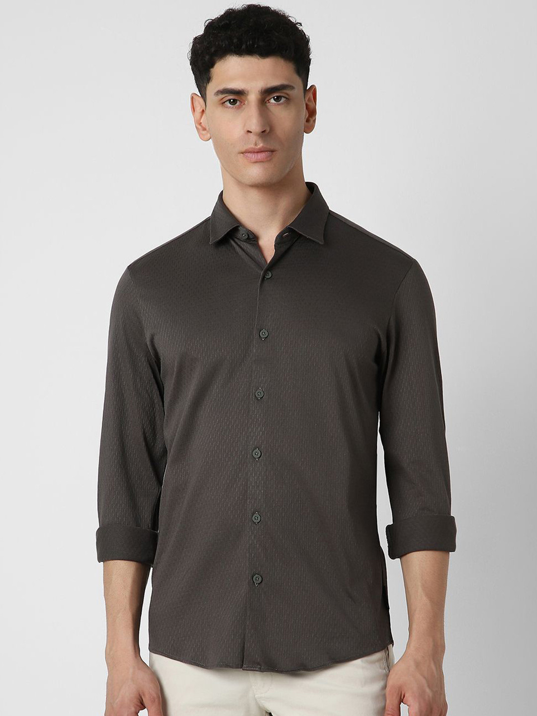 

V Dot Men Spread Collar Solid Cotton Slim Fit Party Shirt, Brown