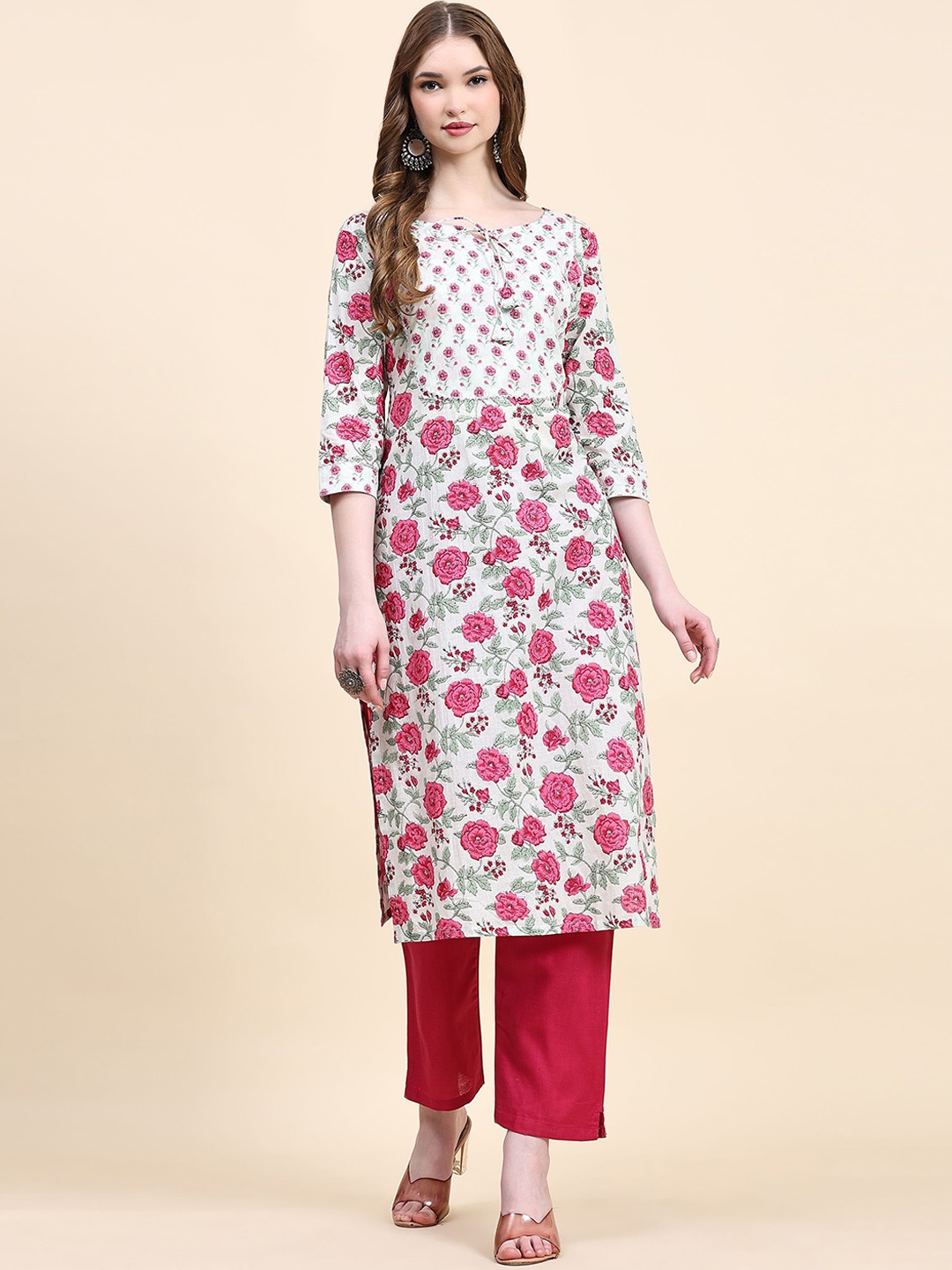 

Suha Ethnic Motifs Printed Gotta Patti Pure Cotton Straight Kurta with Trousers, White