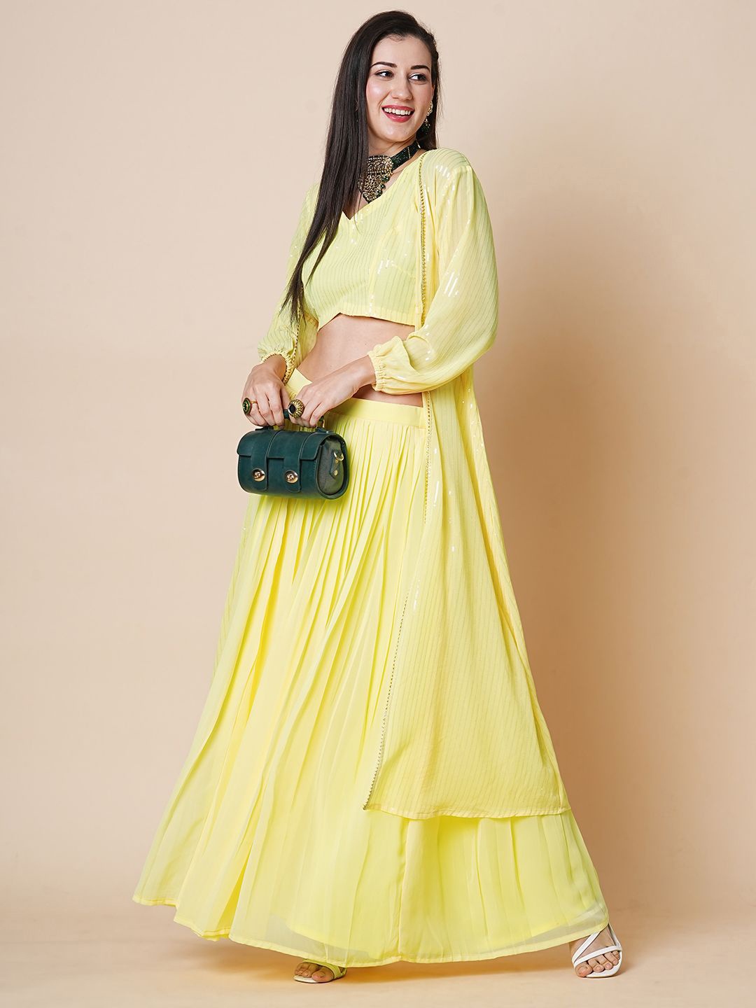 

BAPS Embellished Sequinned V-Neck Ready to Wear Lehenga with Blouse & Jacket, Yellow