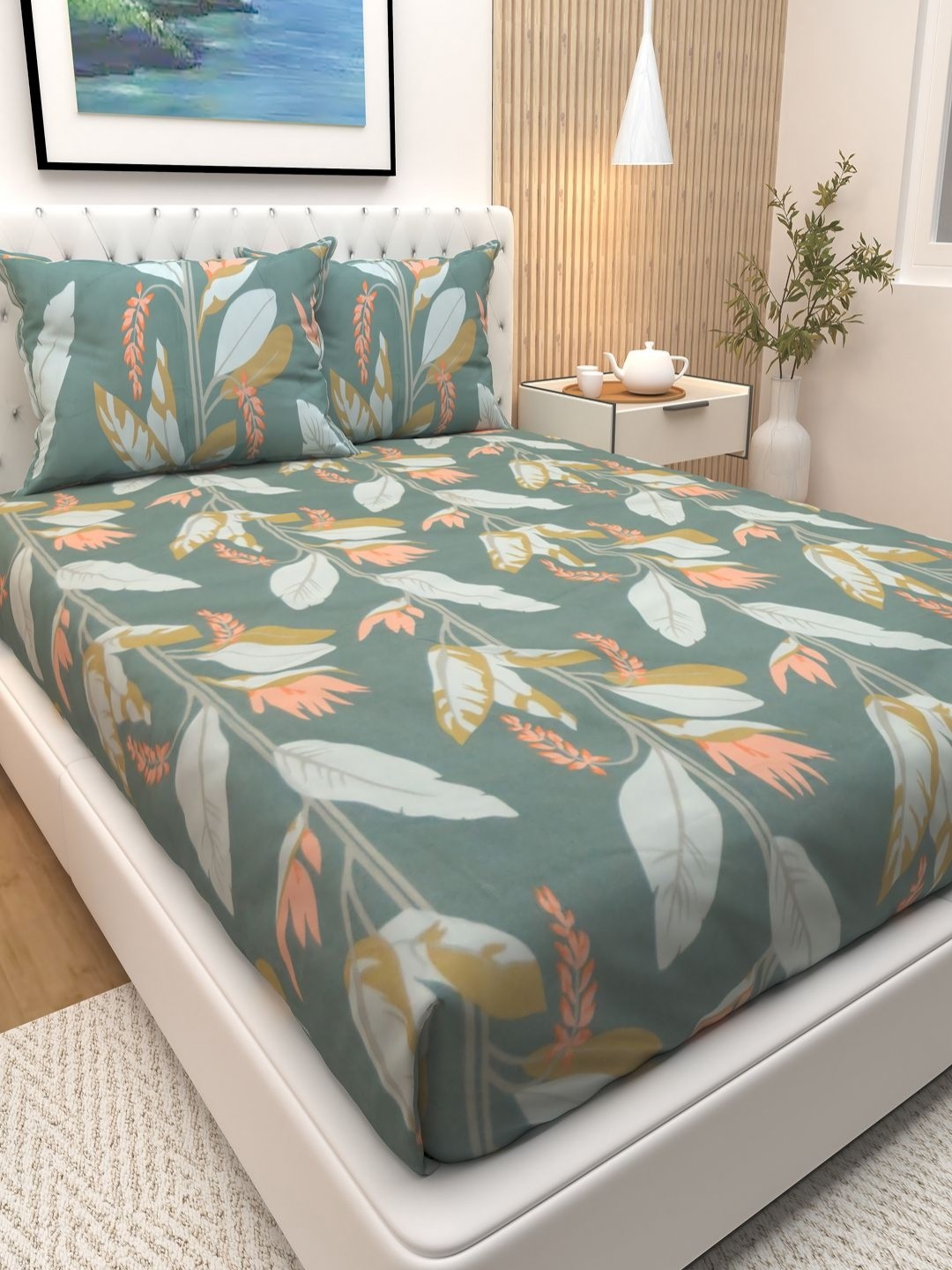 

Athom Living Green & White Floral Printed Cotton 180 TC Queen Bedsheet & 2 Pillow Covers