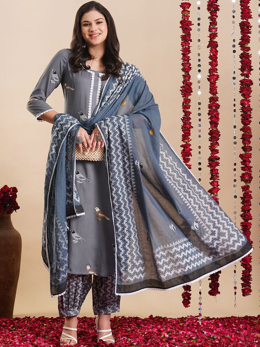 

KALINI Ethnic Motifs Printed Thread Work Straight Kurta With Salwar & Dupatta, Grey