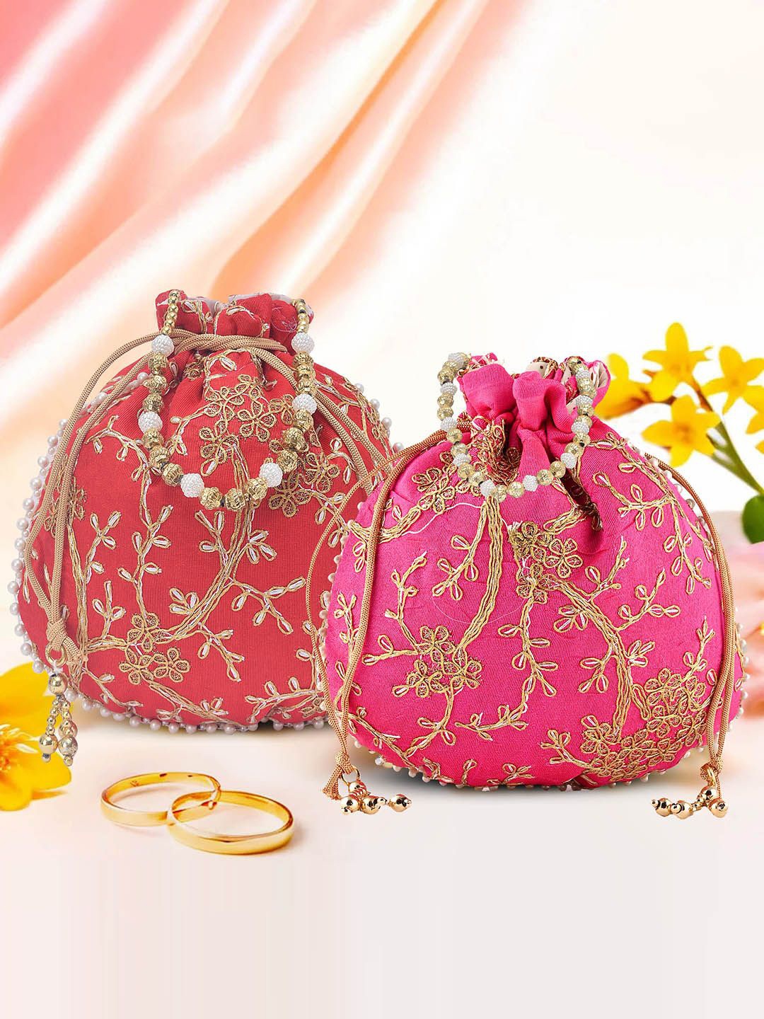 

Kuber Industries Pack Of 2 Embroidered Potli Clutch, Pink