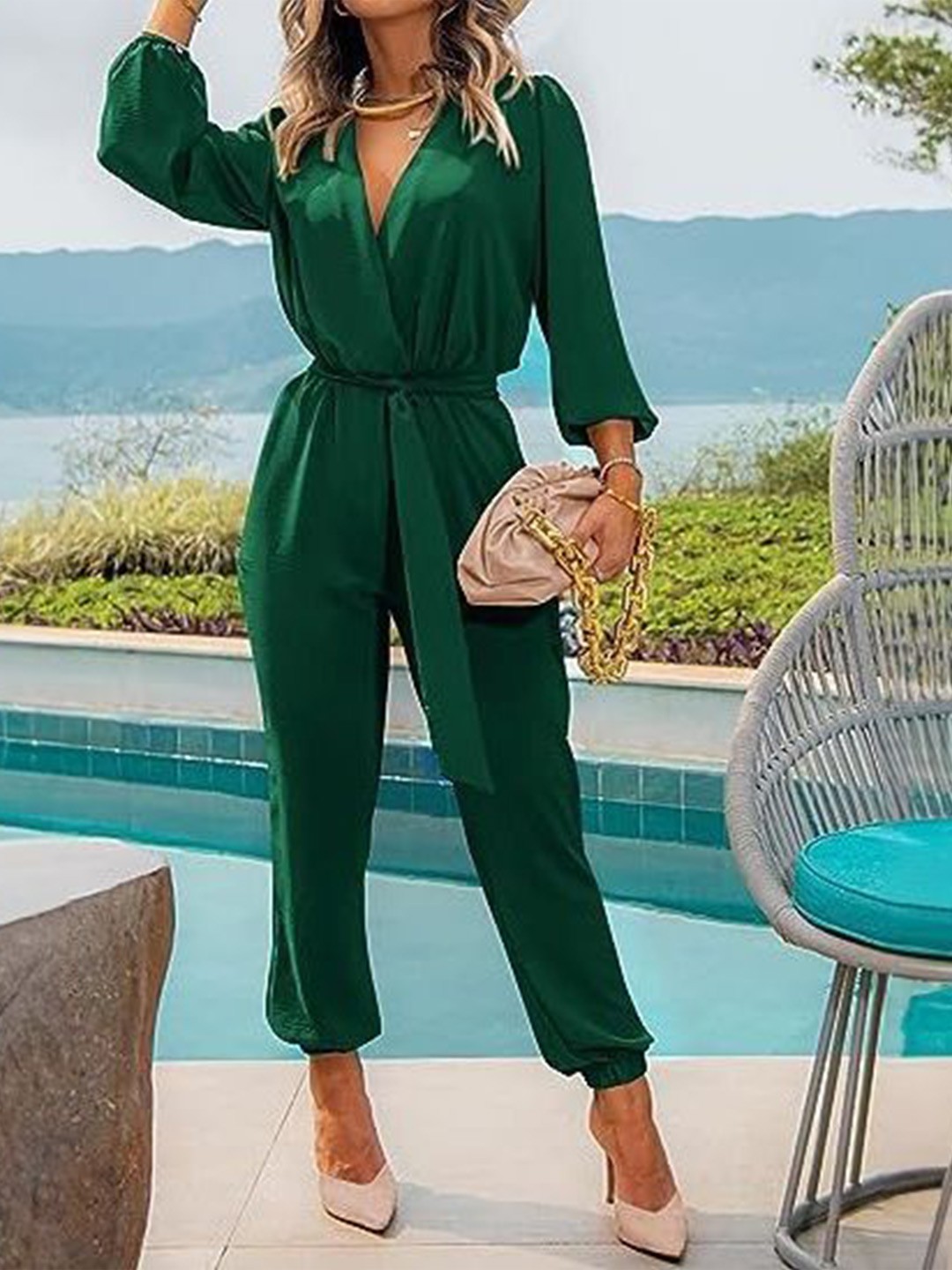 

KPOP Women V-Neck Basic Jumpsuit, Green