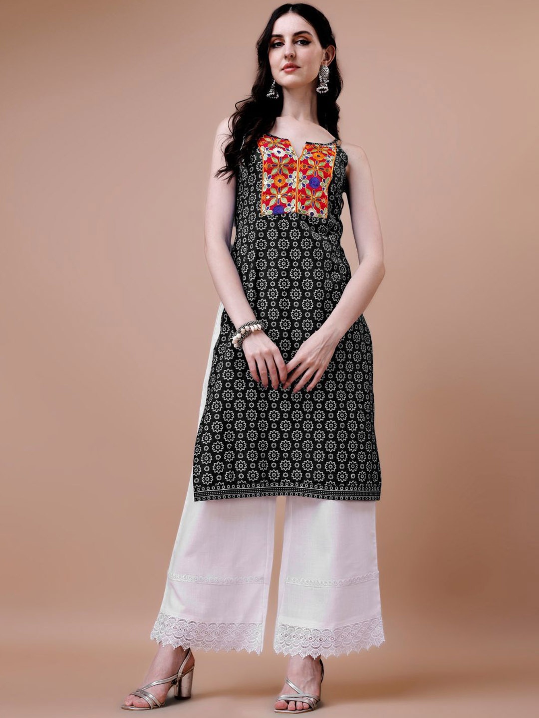 

KALINI Floral Printed Shoulder Straps Thread Work Straight Kurta, Black