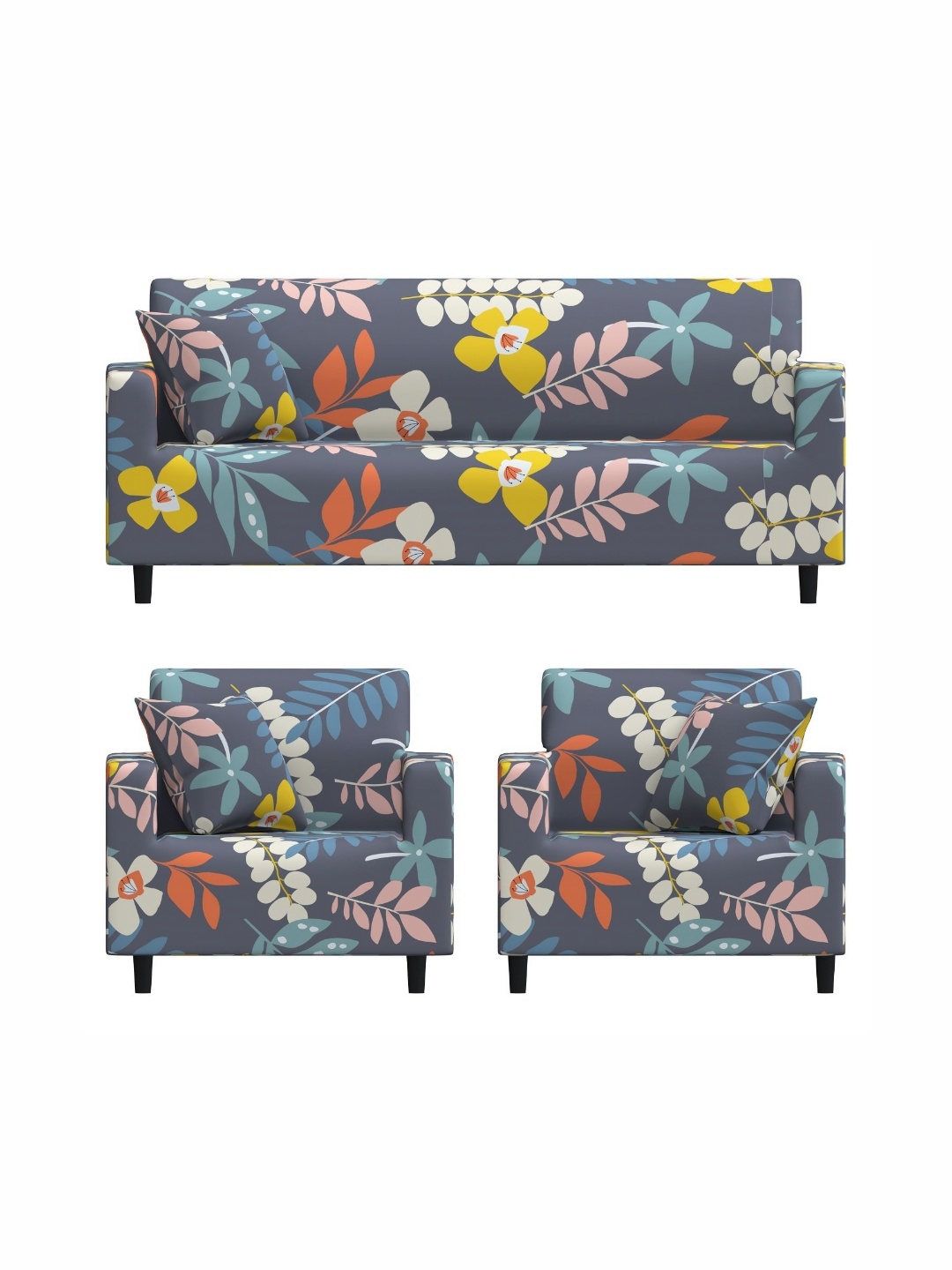 

B BESTILO Blue & Pink 3 Pieces Printed Sofa Cover With Arms