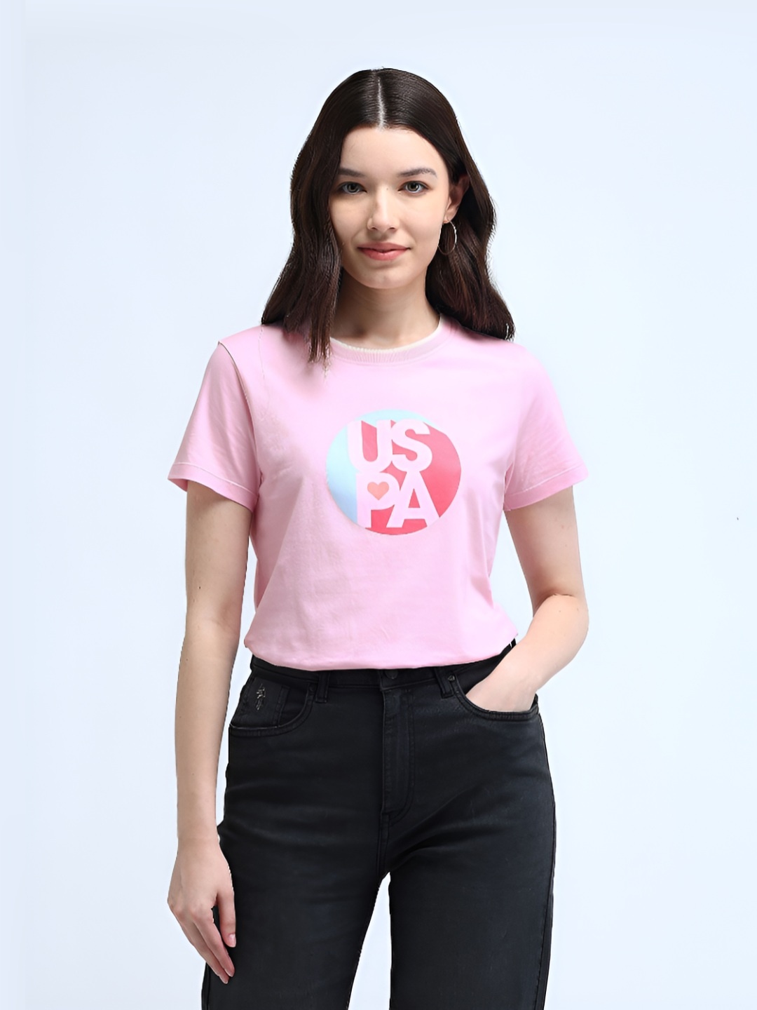 

U.S. Polo Assn. Women Brand Logo Printed Round Neck Pure Cotton T-shirt, Pink