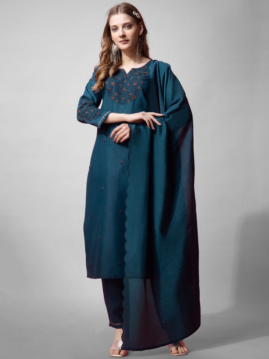 

KAYOMMI Floral Embroidered Sequinned Kurta with Trousers & Dupatta, Blue