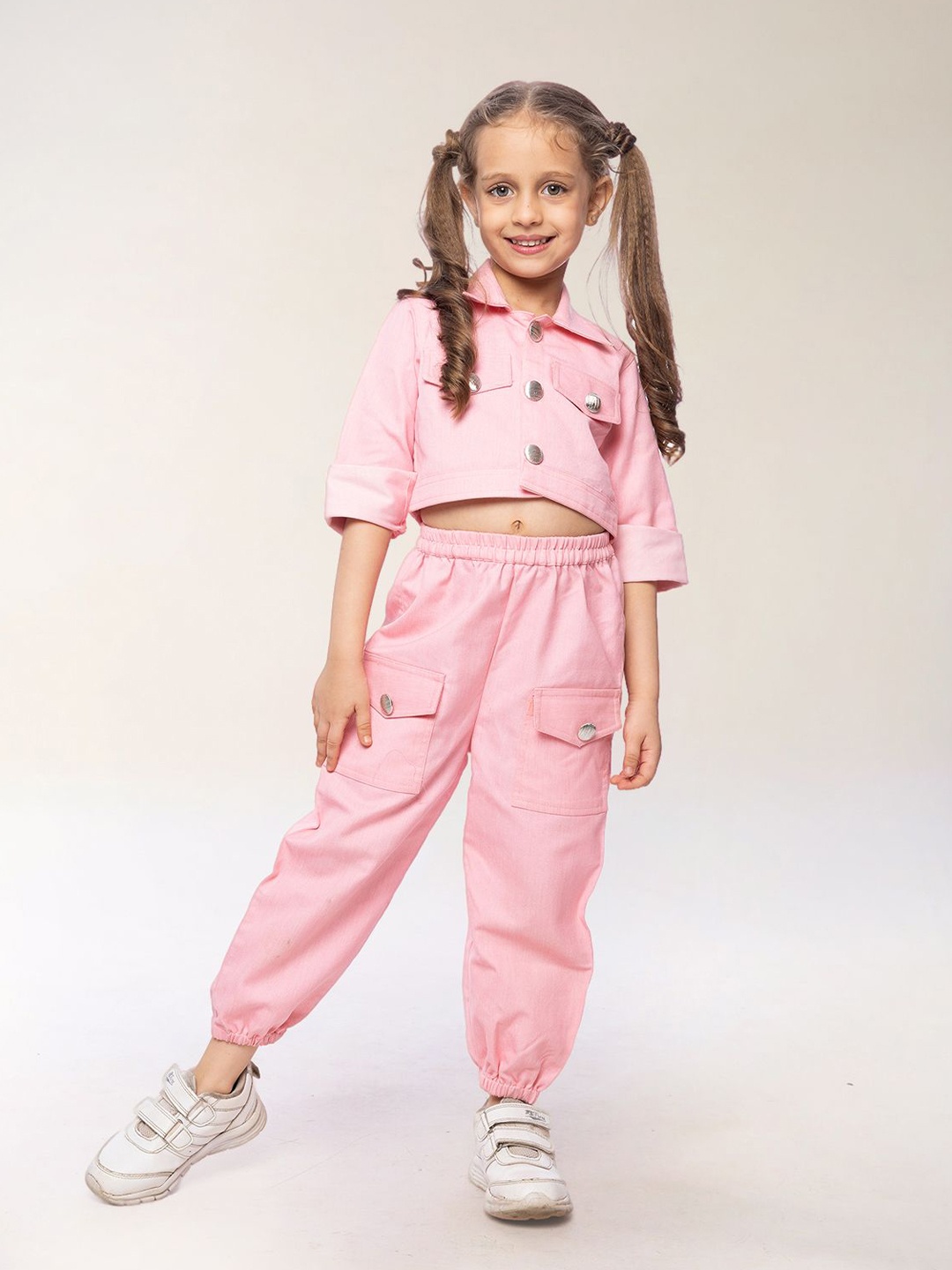 

BAESD Girls Shirt Collar Neck Pure Cotton Shirt With Joggers, Pink
