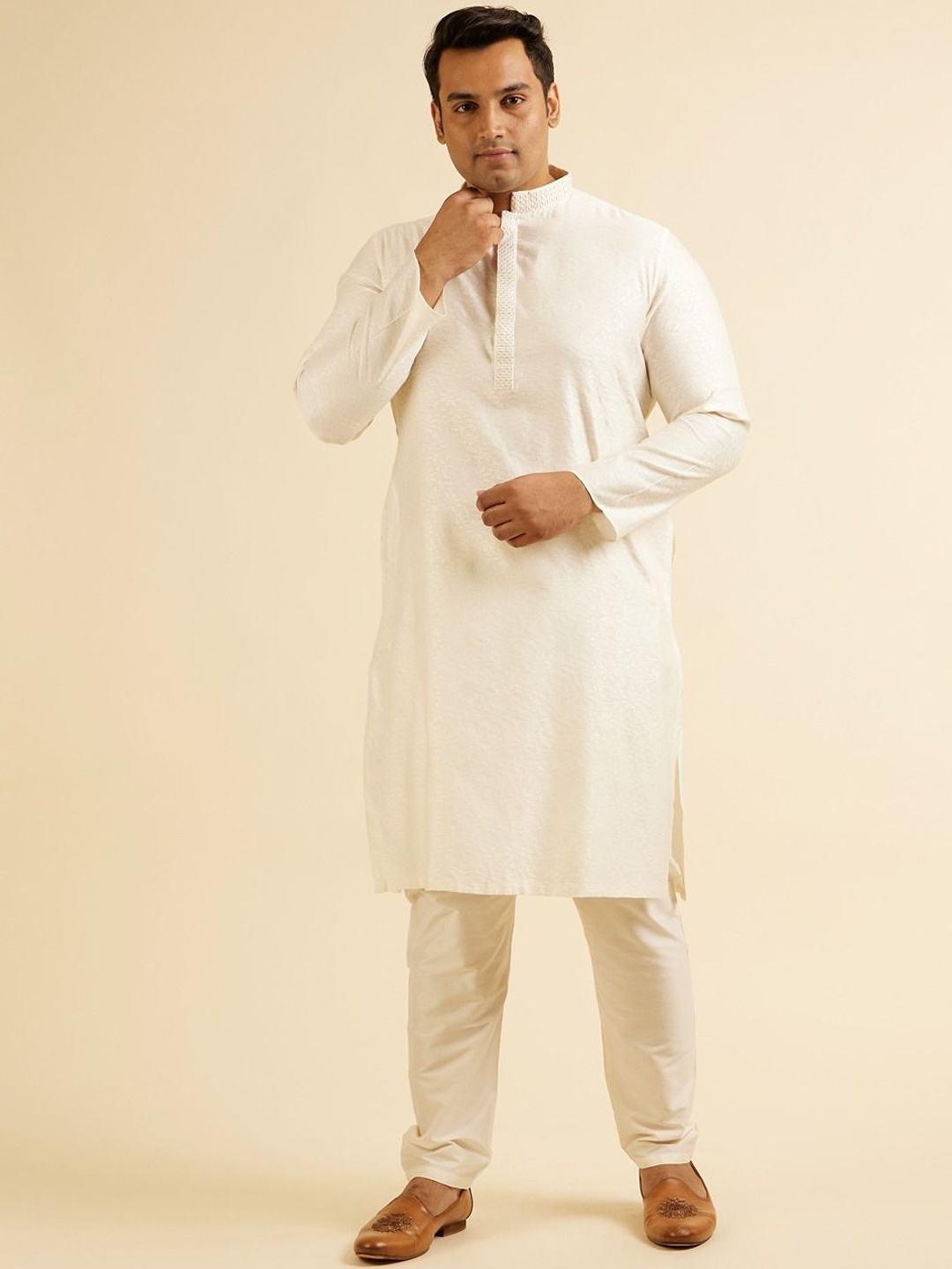 

Manyavar Plus Size Floral Woven Design Zari Work Straight Kurta With Pyjama, Cream