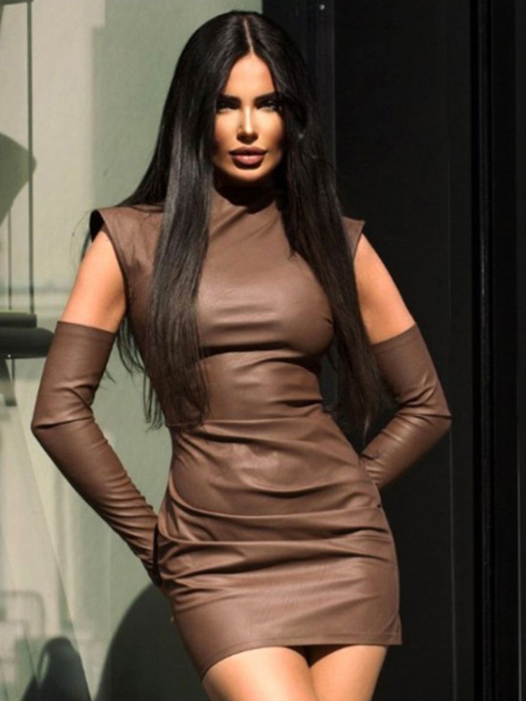 

KPOP Solid Mock Neck Bodycon Mini Dress, Brown