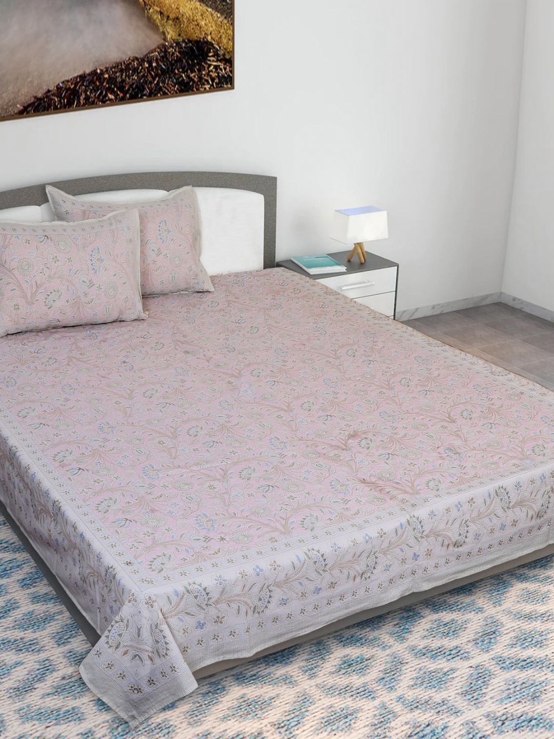 

Texstylers Pink Kantha Printed 210 TC Cotton Queen Bedsheet With 2 Pillow Covers
