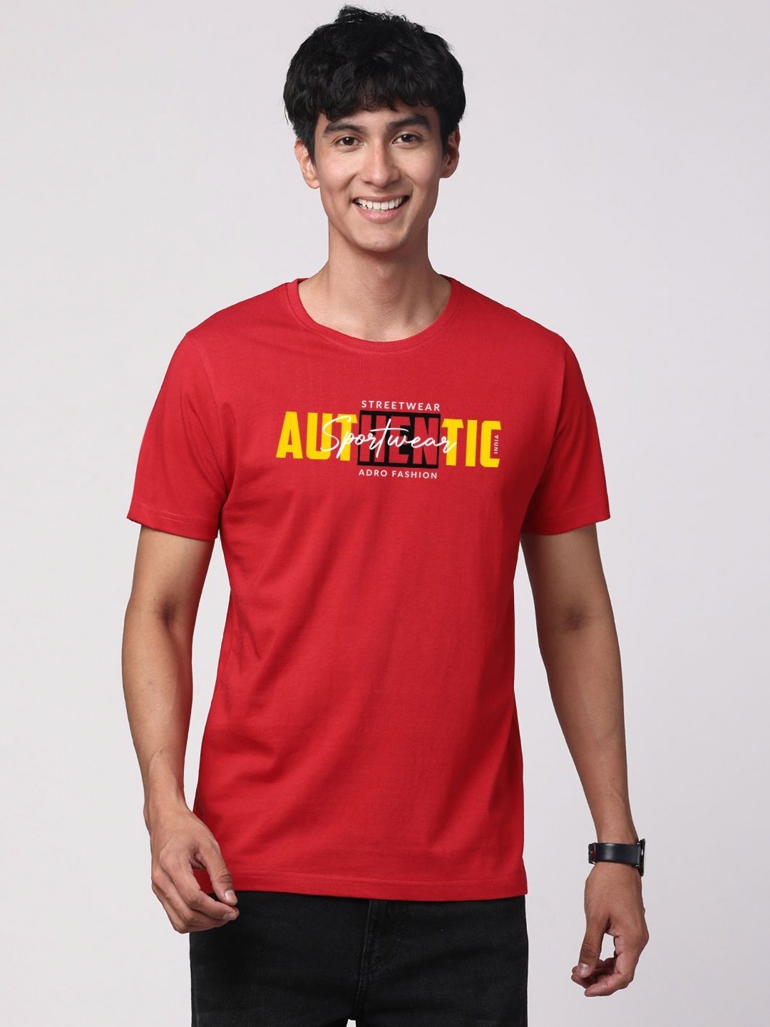 

ADRO Men Graphic Printed Round Neck Cotton T-shirt, Red