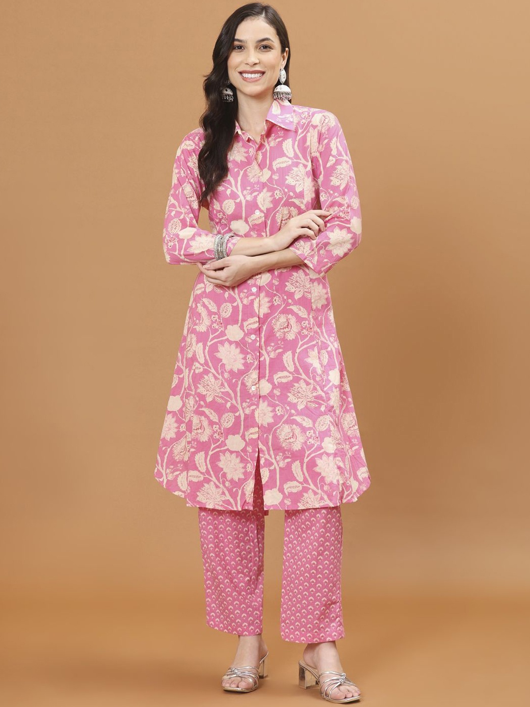 

Meena Bazaar Floral Printed Cotton A-Line Kurta With Trouser, Pink