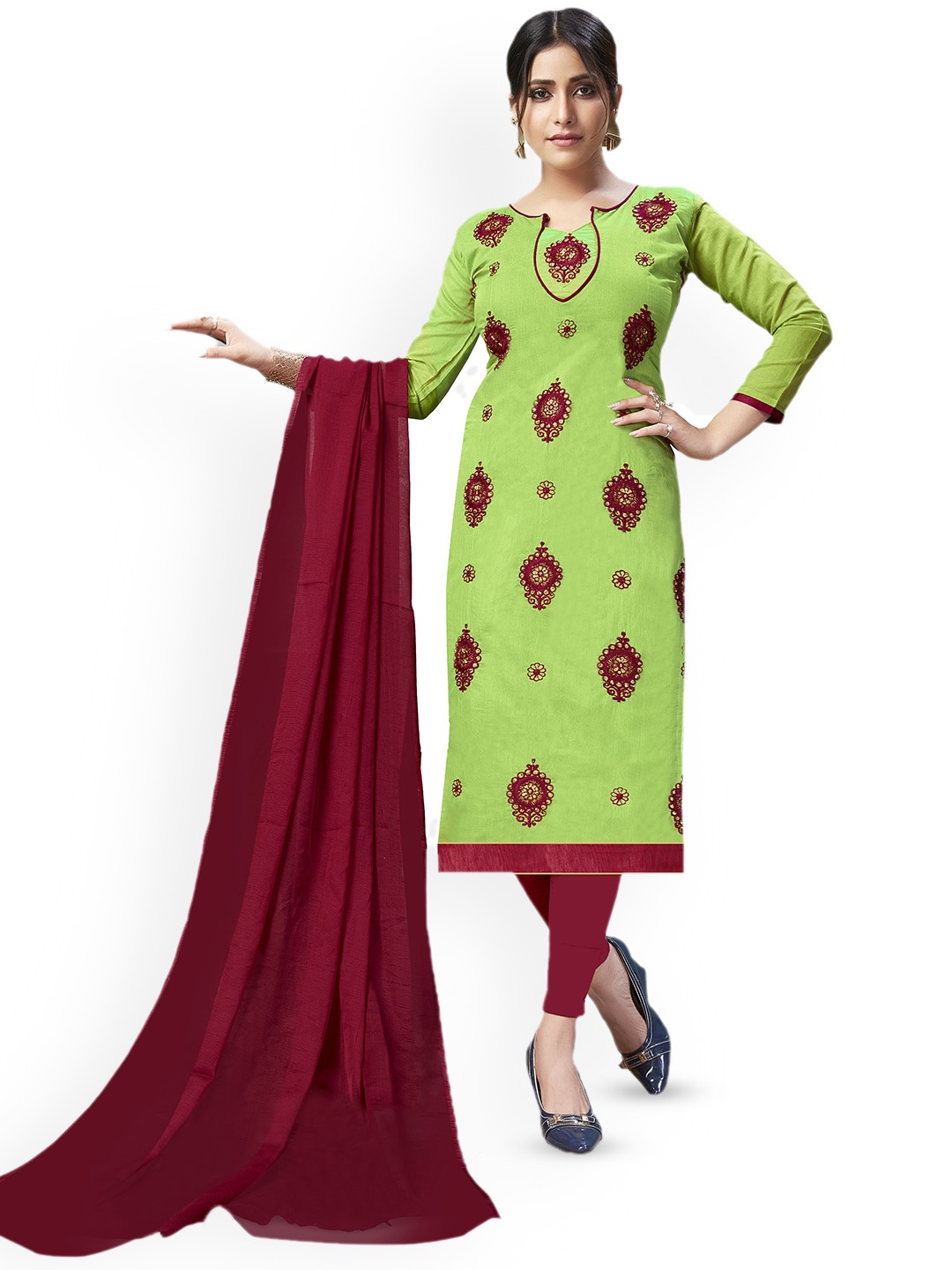 

LADY SHOPI Floral Embroidered Thread Work Chanderi Cotton Unstitched Dress Material, Green