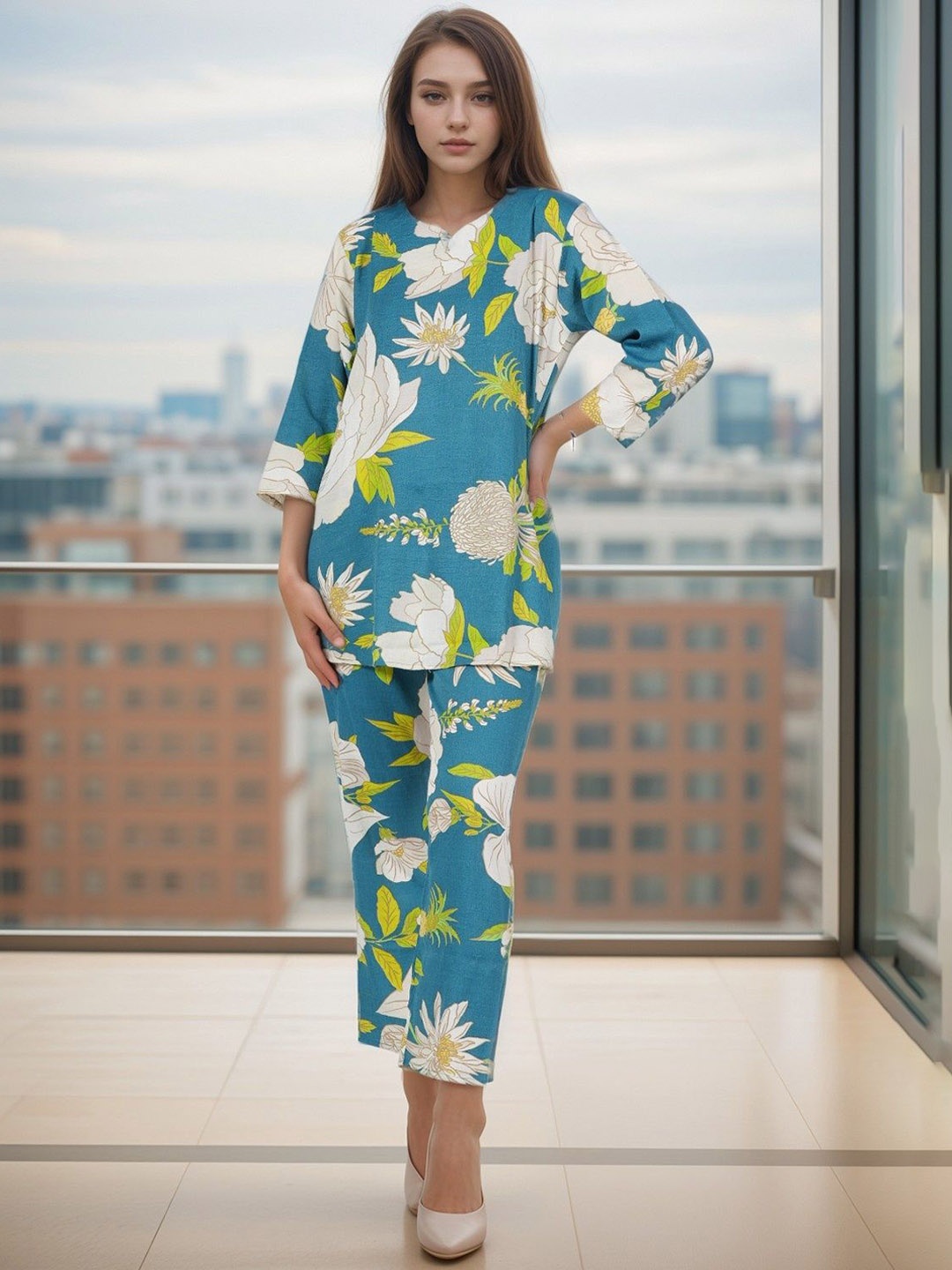 

BAESD Floral Printed Tunic with Trousers, Blue