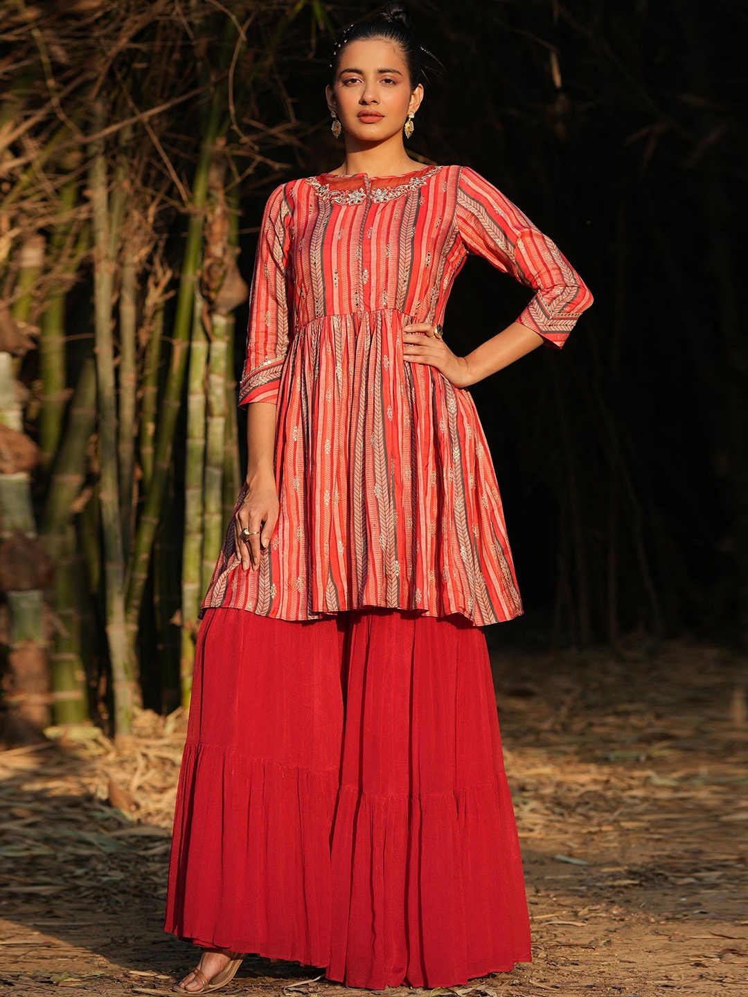 

SCAKHI Geometric Printed Mirror Work Anarkali Kurti With Sharara, Pink