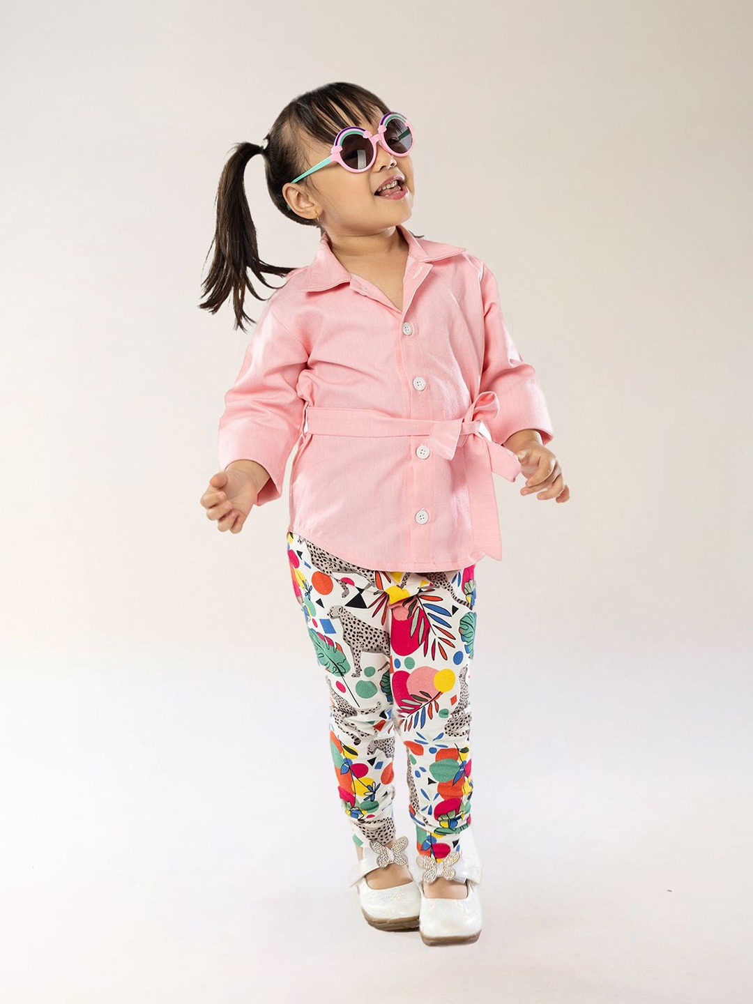 

BAESD Girls Shirt Collar Neck Three-Quarter Sleeves Pure Cotton Shirt With Leggings, Pink