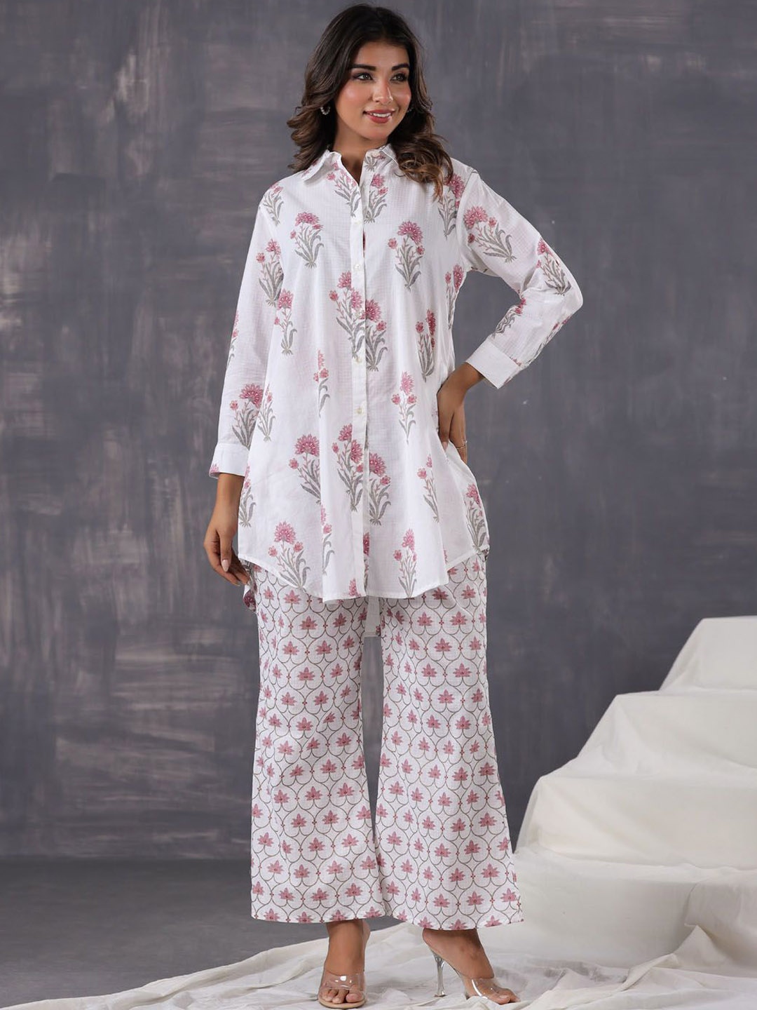 

Meena Bazaar Floral Printed Shirt Collar Tunic with Palazzos, White
