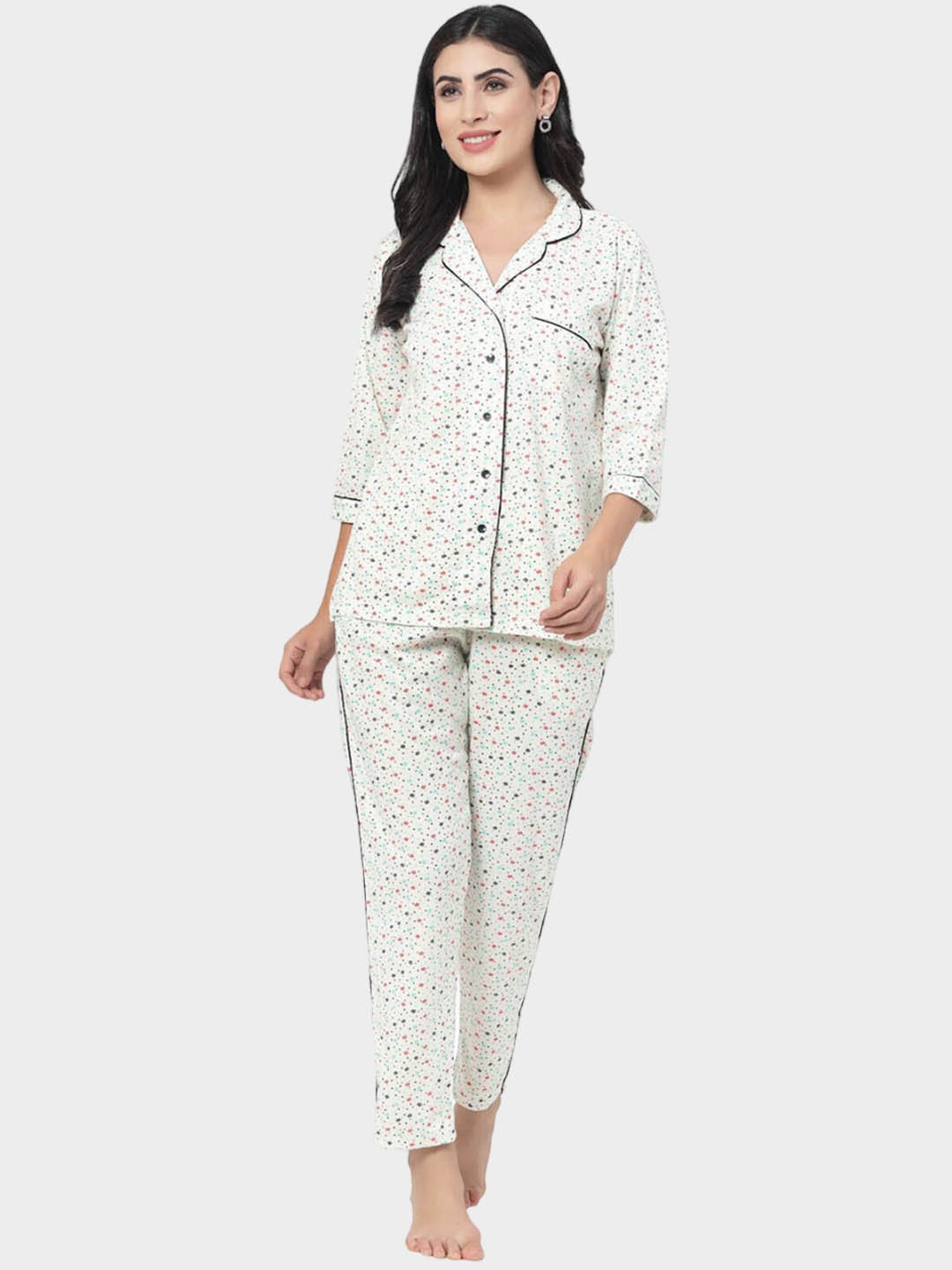 

SHYAM SONS FLAIR Women Floral Printed Lapel Collar Night suit, White