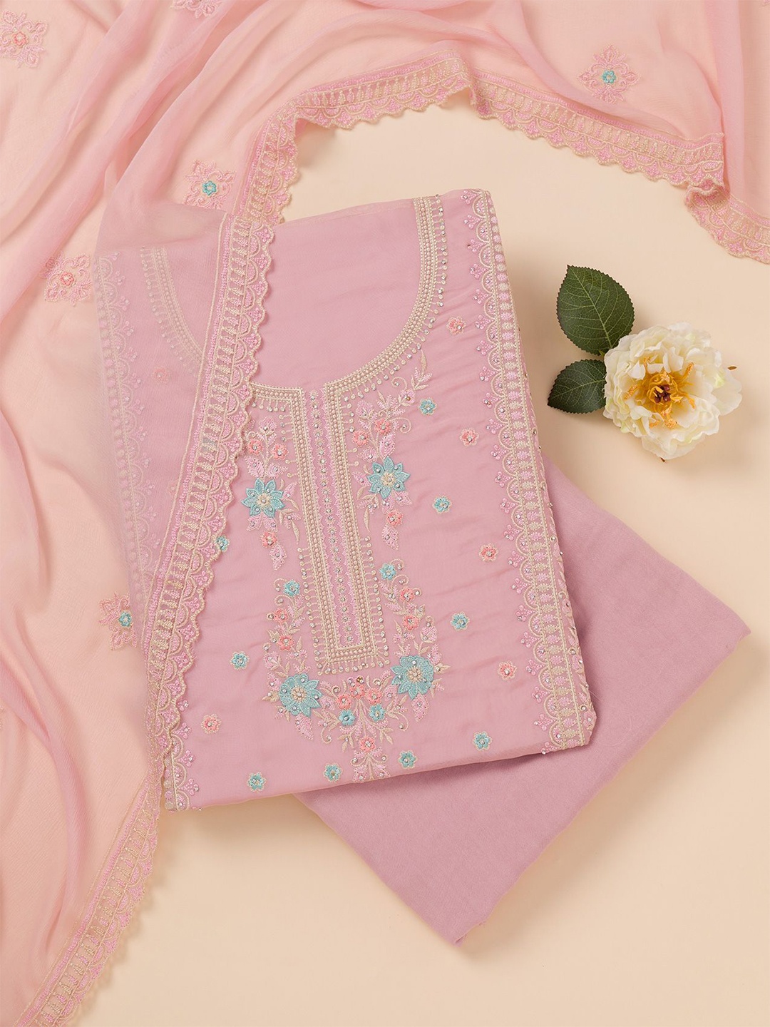 

Koskii Floral Embroidered Beads and Stones Unstitched Dress Material, Lavender