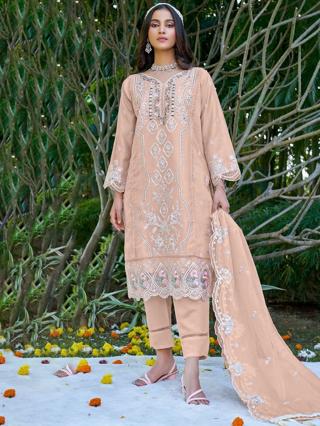 

AUTUMN LANE Embroidered Regular Sequins Pure Cotton Straight Kurta with Trousers & Dupatta, Peach