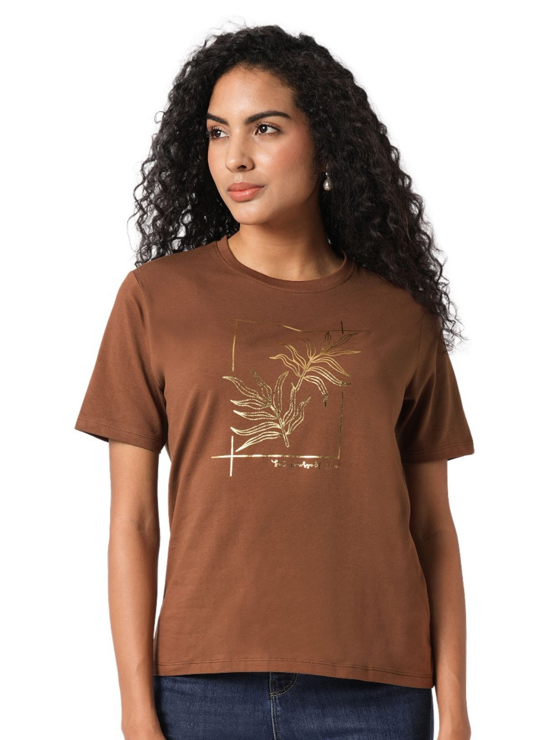 

Kraus Jeans Women Graphic Printed Round Neck Cotton Slim Fit T-shirt, Brown